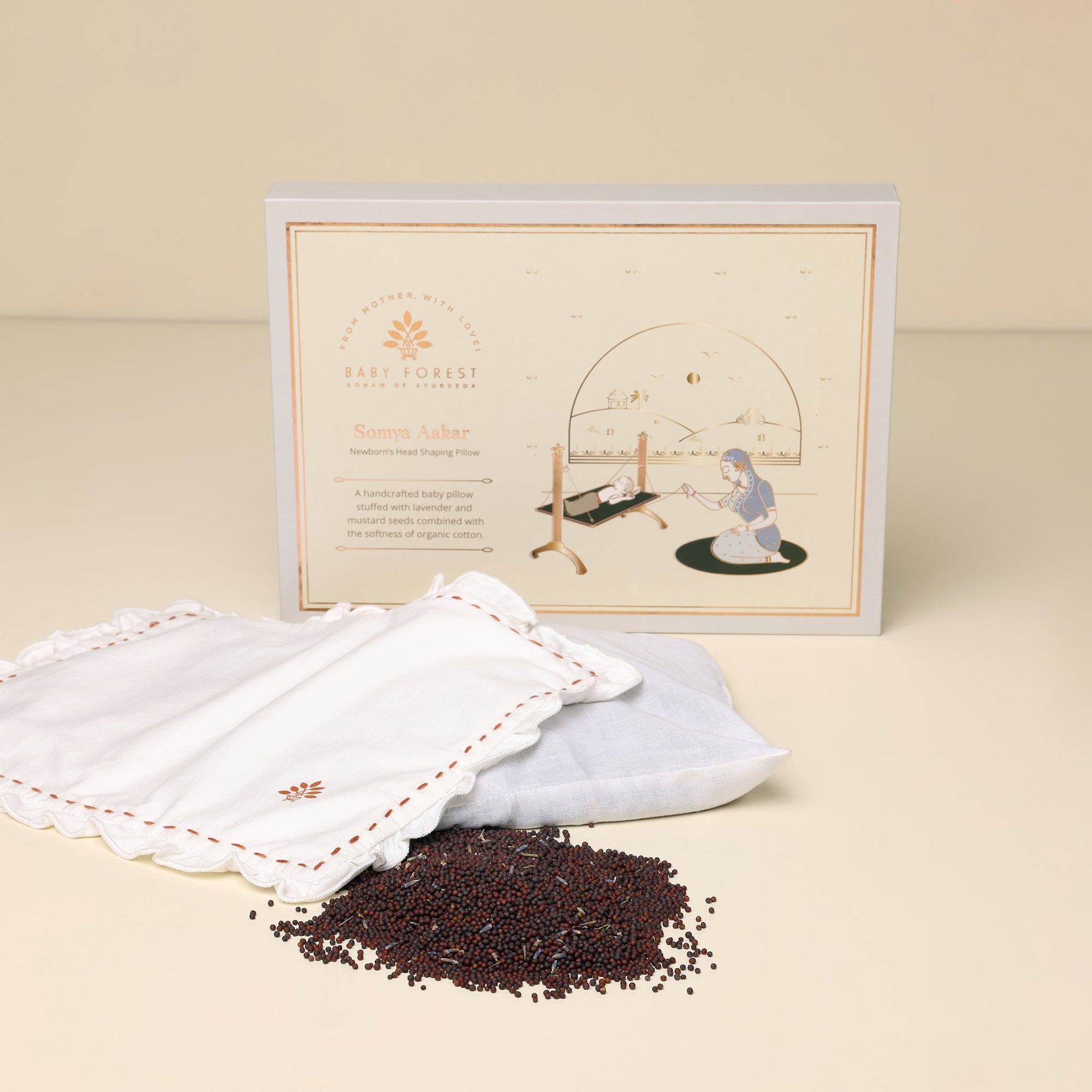 Baby Forest Somya Aakar Organic Mustard & Lavender Pillow for Newborns – Flat Head Prevention & Neck Support | 0-6 Months | Organic Cotton Cover