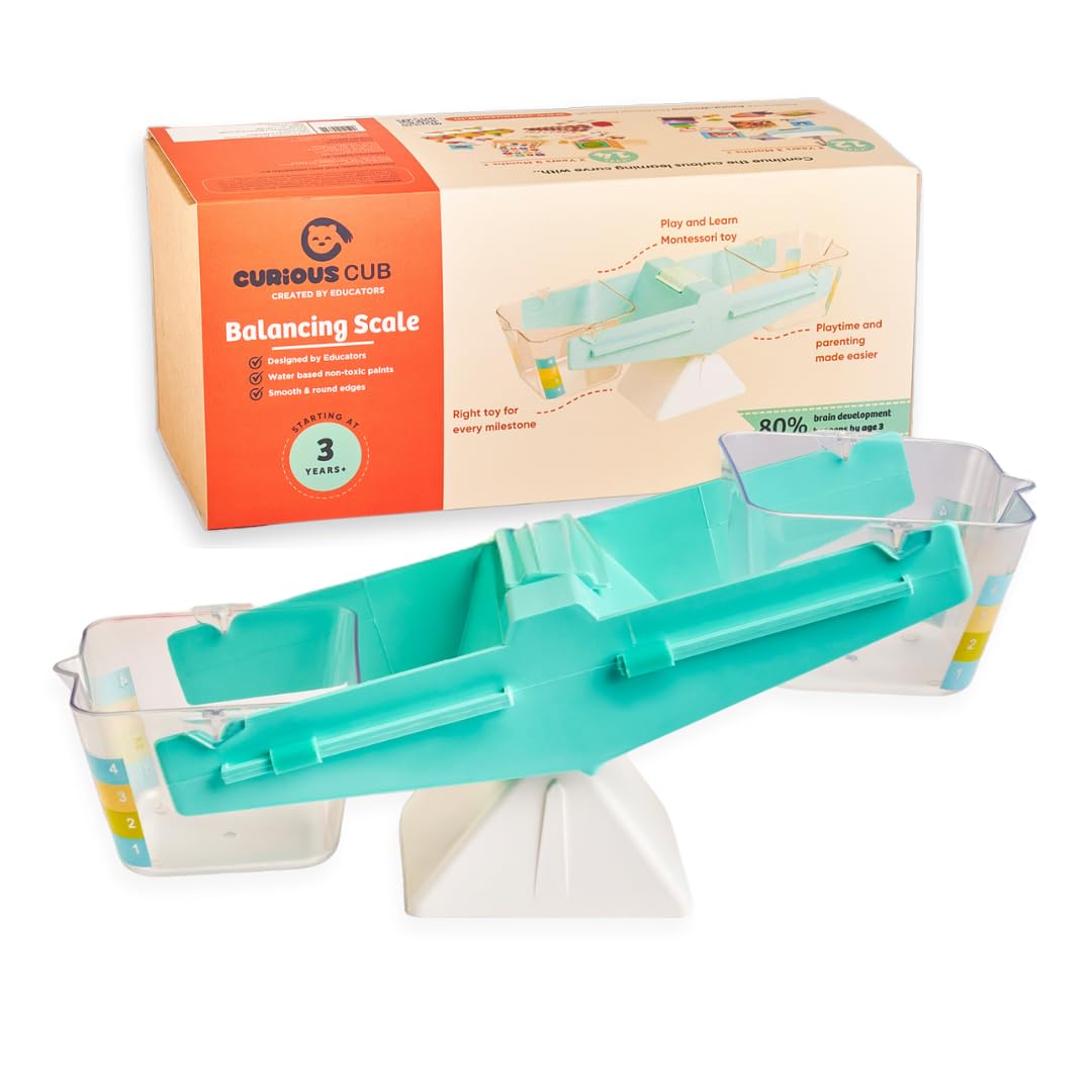 Curious Cub Wooden Balancing Scale, Educational Weighing Toy for Kids 3+ | Montessori-Inspired STEM Learning Game with Colorful Weights to Teach Balance, Mass, and Counting