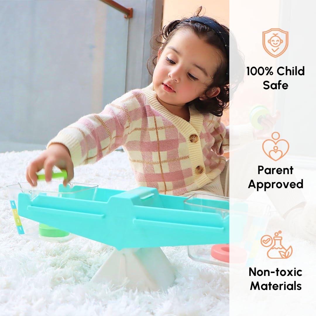 Curious Cub Wooden Balancing Scale, Educational Weighing Toy for Kids 3+ | Montessori-Inspired STEM Learning Game with Colorful Weights to Teach Balance, Mass, and Counting
