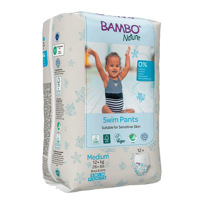 Bambo Nature Eco-Friendly Baby Swim Pants Diapers – Sizes S (7–12 kg) & M (12+ kg) | Soft, Leak-Proof Disposable Swim Diapers for Sensitive Skin | Certified Non-Toxic, Tear-Away Sides | 12 Count Pack for Pool & Beach Fun