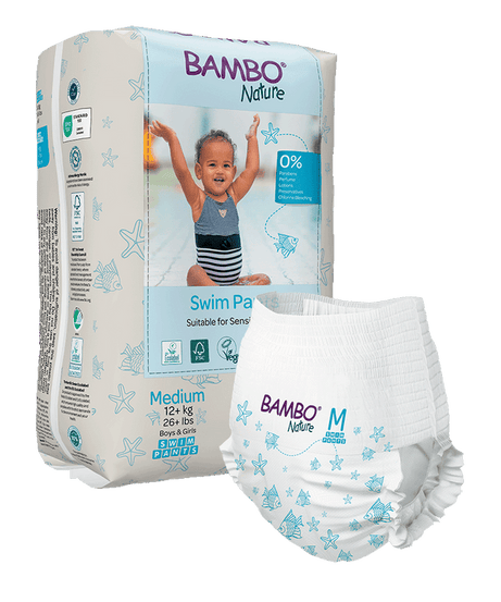 Bambo Nature Eco-Friendly Baby Swim Pants Diapers – Sizes S (7–12 kg) & M (12+ kg) | Soft, Leak-Proof Disposable Swim Diapers for Sensitive Skin | Certified Non-Toxic, Tear-Away Sides | 12 Count Pack for Pool & Beach Fun - MINIMEE KIDS