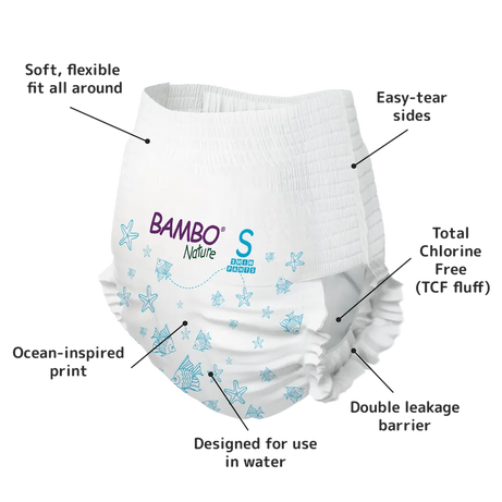 Bambo Nature Eco-Friendly Baby Swim Pants Diapers – Sizes S (7–12 kg) & M (12+ kg) | Soft, Leak-Proof Disposable Swim Diapers for Sensitive Skin | Certified Non-Toxic, Tear-Away Sides | 12 Count Pack for Pool & Beach Fun