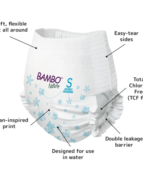 Bambo Nature Eco-Friendly Baby Swim Pants Diapers – Sizes S (7–12 kg) & M (12+ kg) | Soft, Leak-Proof Disposable Swim Diapers for Sensitive Skin | Certified Non-Toxic, Tear-Away Sides | 12 Count Pack for Pool & Beach Fun - MINIMEE KIDS