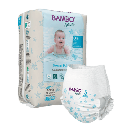 Bambo Nature Eco-Friendly Baby Swim Pants Diapers – Sizes S (7–12 kg) & M (12+ kg) | Soft, Leak-Proof Disposable Swim Diapers for Sensitive Skin | Certified Non-Toxic, Tear-Away Sides | 12 Count Pack for Pool & Beach Fun
