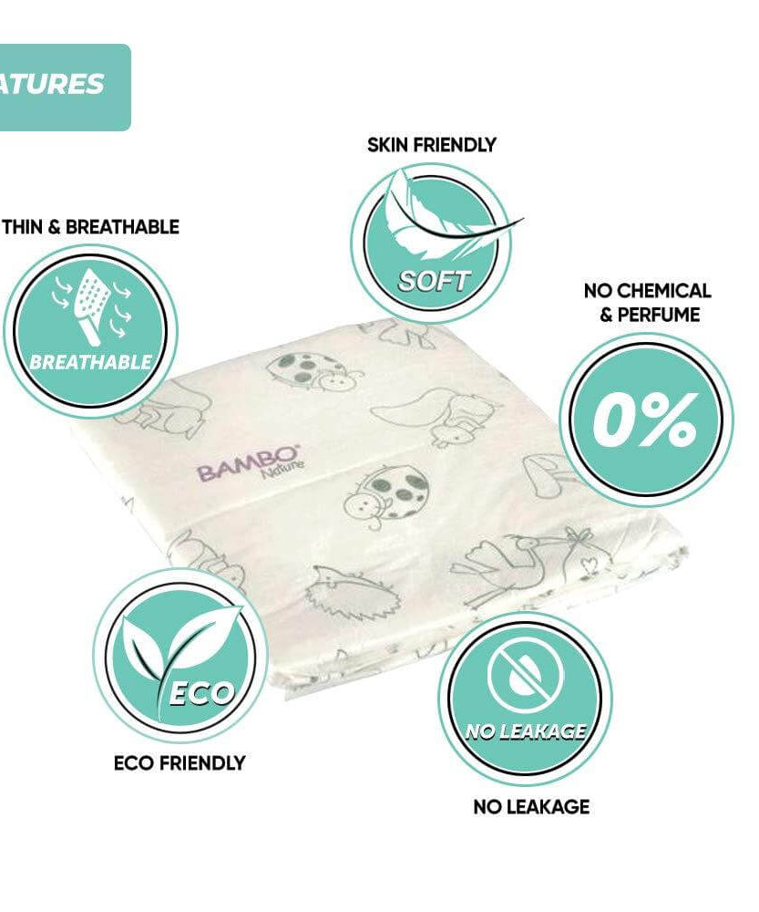 Bambo Nature Changing Mats - Eco-Friendly Disposable Baby Changing Pads, 10 Pack Highly Absorbent and Leak-Proof with Soft Top Layer, Ideal for Home and Travel Diaper Changes - MINIMEE KIDS