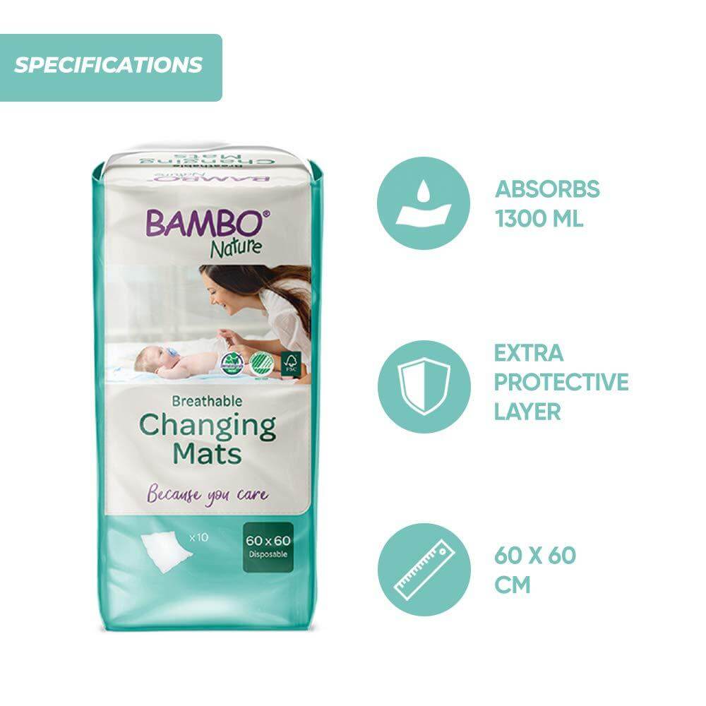 Bambo Nature Changing Mats - Eco-Friendly Disposable Baby Changing Pads, 10 Pack Highly Absorbent and Leak-Proof with Soft Top Layer, Ideal for Home and Travel Diaper Changes