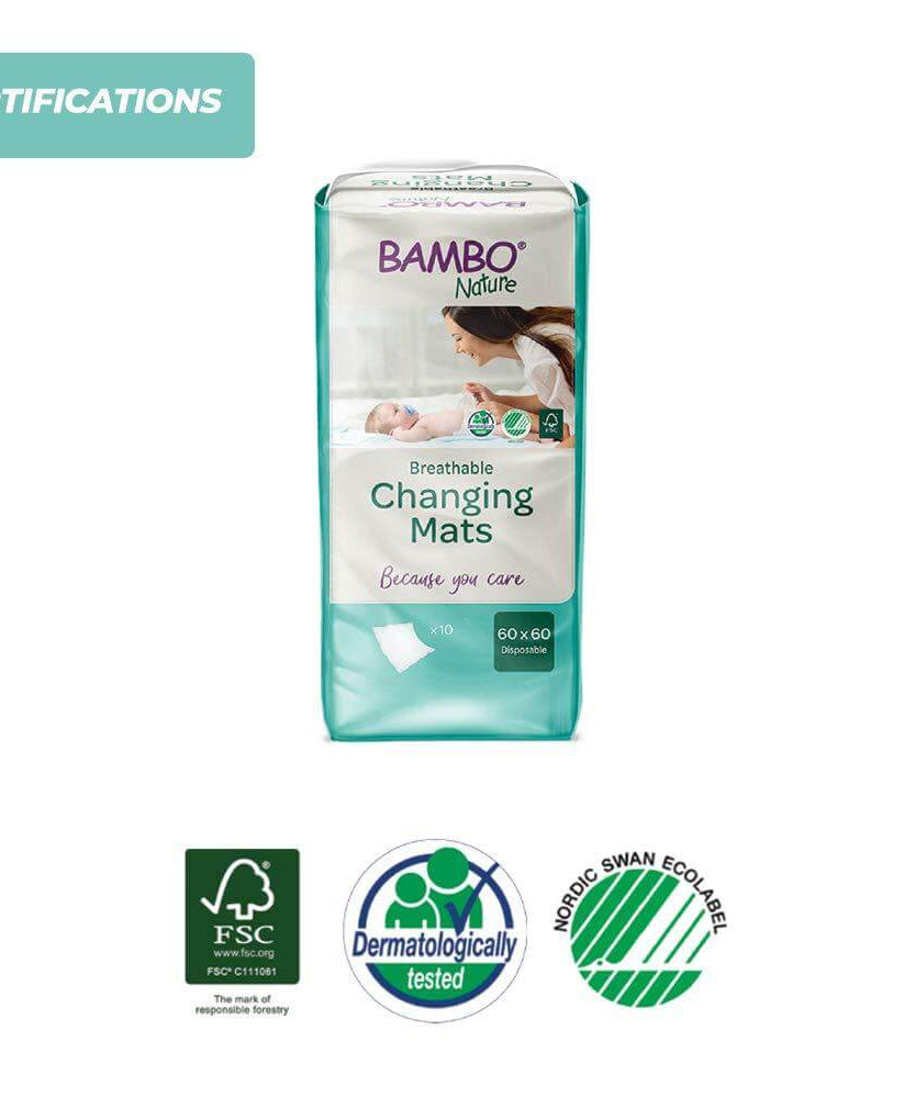 Bambo Nature Changing Mats - Eco-Friendly Disposable Baby Changing Pads, 10 Pack Highly Absorbent and Leak-Proof with Soft Top Layer, Ideal for Home and Travel Diaper Changes - MINIMEE KIDS