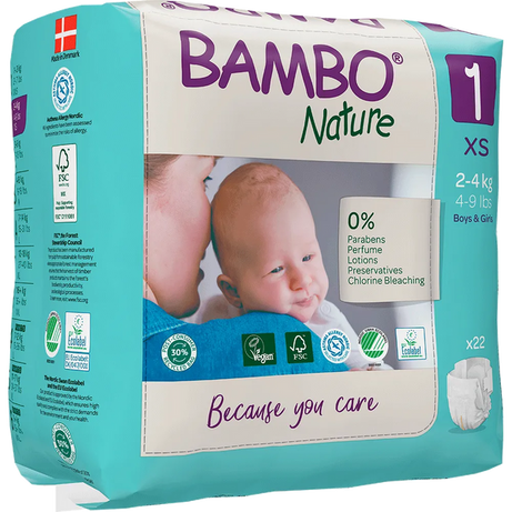 Bambo Nature Skin Friendly Tape Diapers - XS (2-4 kgs) Gentle and Eco-Friendly Diapers for Newborns | Pack of 22 Diapers - MINIMEE KIDS