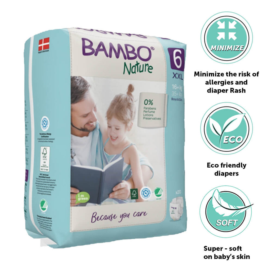 Bambo Nature Tape Style Diapers 6 - XXL 15+ kgs Pack of 20 Diapers | Skin-Friendly & Eco-Friendly - MINIMEE KIDS