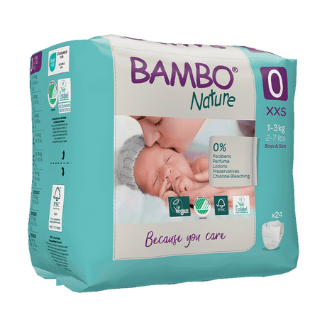 Bambo Nature Diapers Size 0 | Skin Friendly Tape Diapers - XXS (1-3 kgs) Gentle and Eco-Friendly Diapers for Newborns | Pack of 24 Diapers