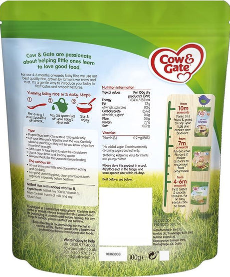 Cow & Gate Baby Rice Cereal for Babies from 4 to 6 Months – Smooth Texture First Spoonfuls with No Added Sugar | 100g Resealable Pack - MINIMEE KIDS