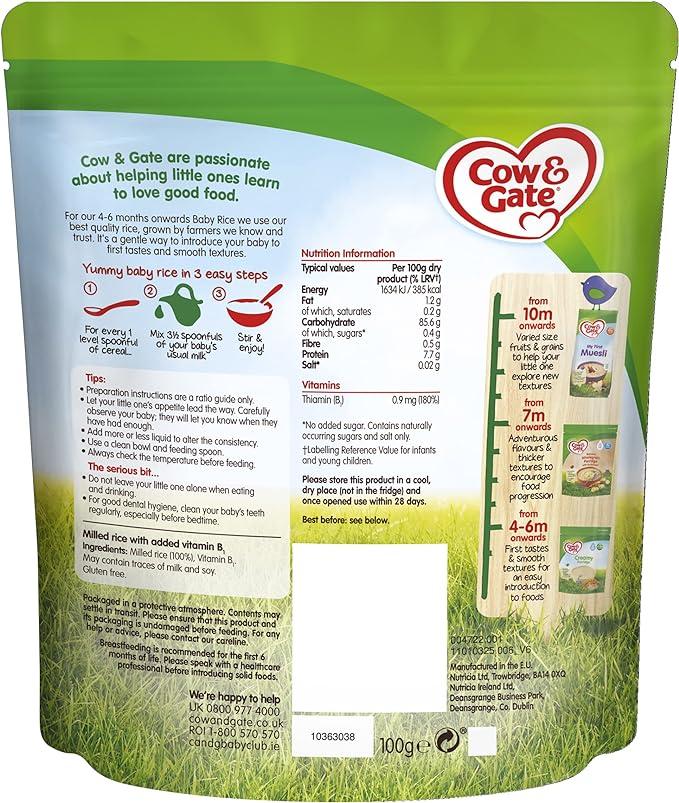 Cow & Gate Baby Rice Cereal for Babies from 4 to 6 Months – Smooth Texture First Spoonfuls with No Added Sugar | 100g Resealable Pack - MINIMEE KIDS