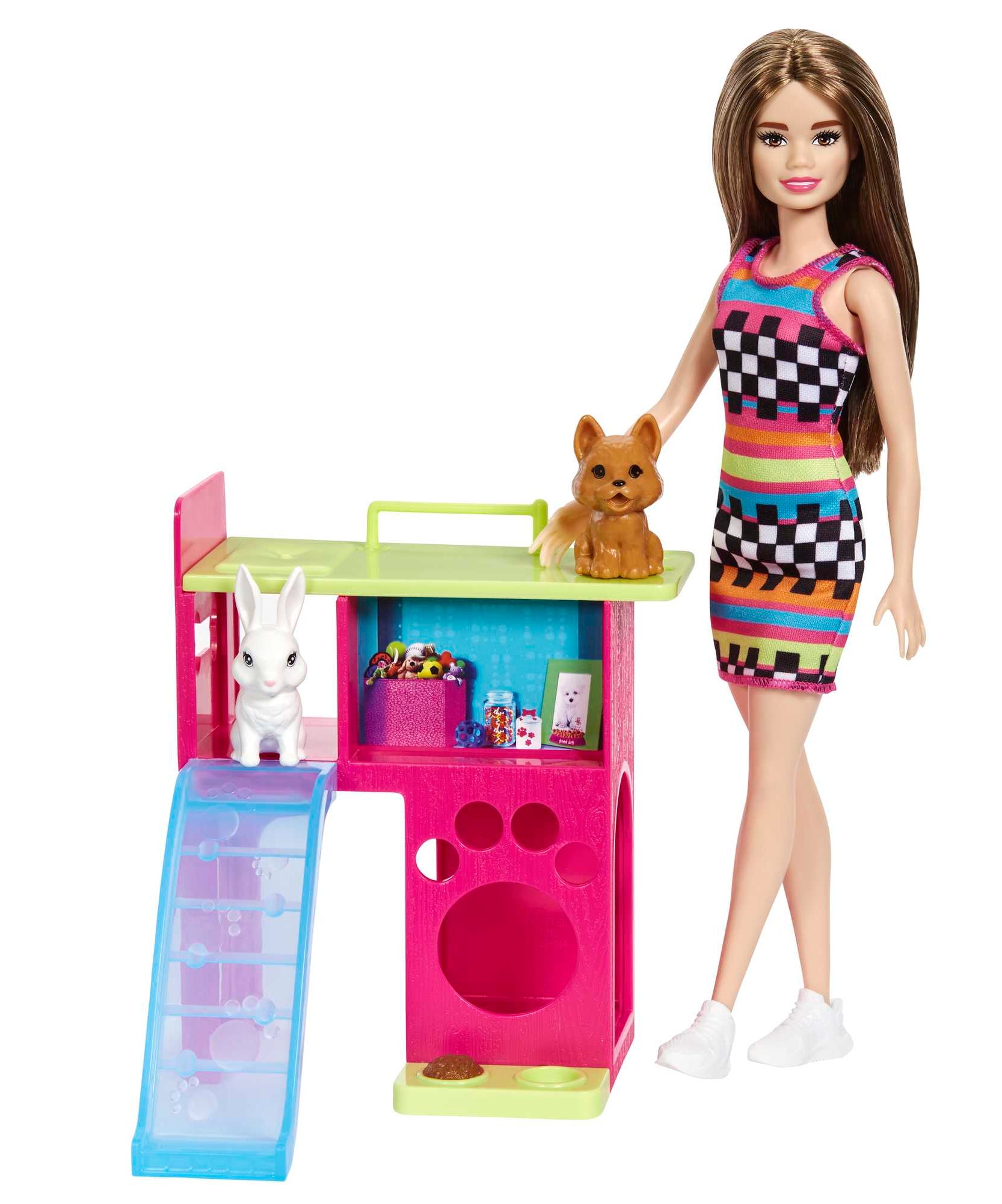Barbie Doll and Pet Playhouse Playset for Kids Ages 3+ with Puppy & Bunny, Multi-Level Playhouse with Slide & Hideouts – HGM62
