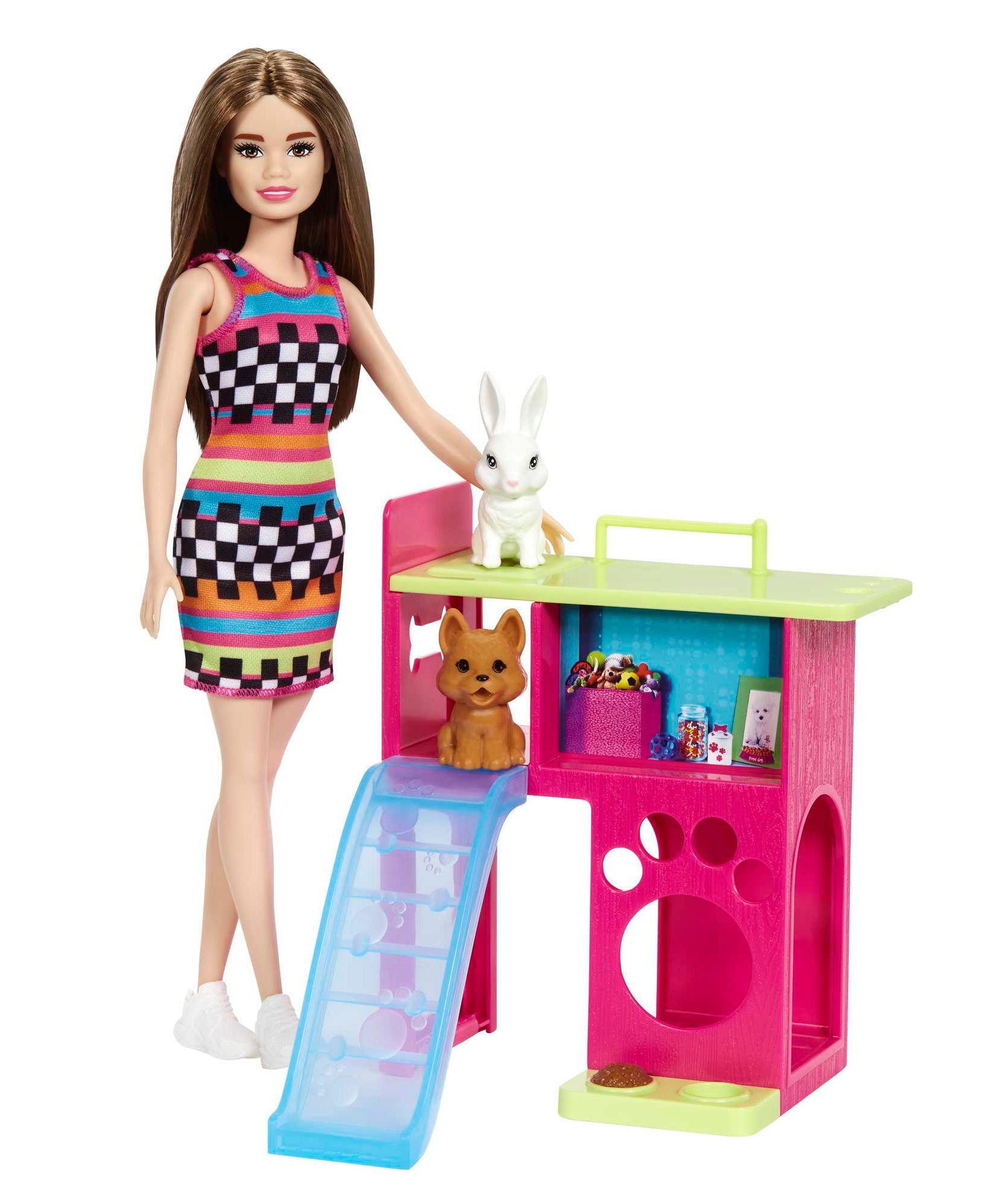 Barbie Doll and Pet Playhouse Playset for Kids Ages 3+ with Puppy & Bunny, Multi-Level Playhouse with Slide & Hideouts – HGM62