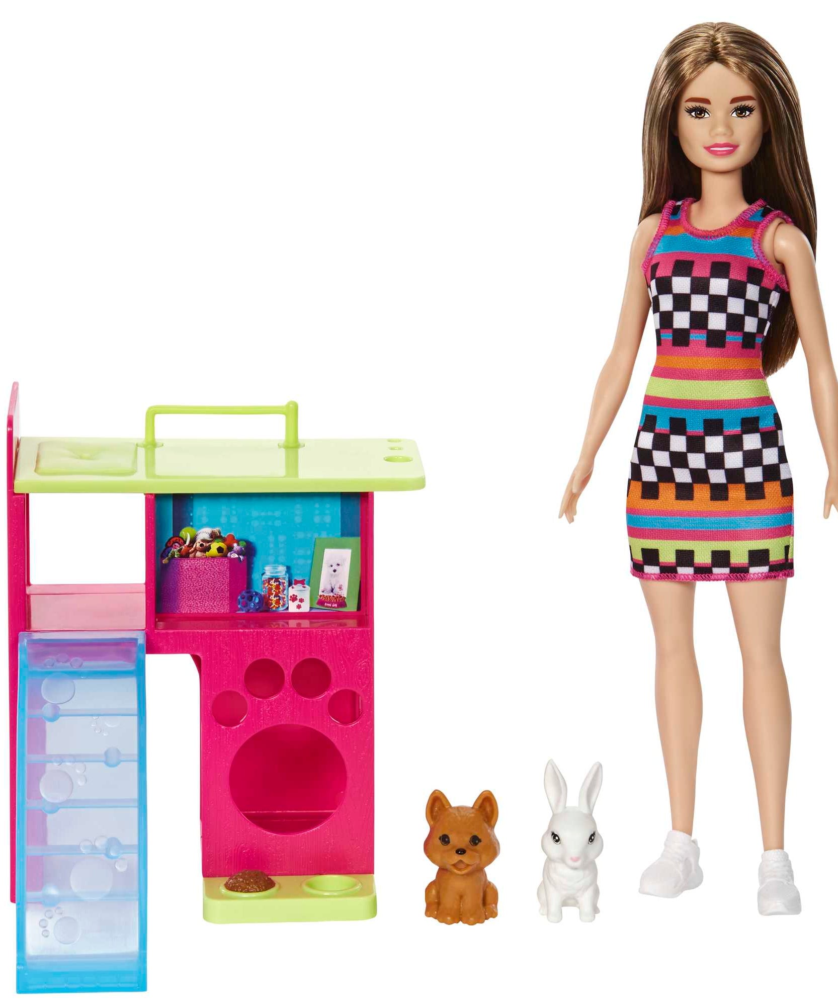 Barbie Doll and Pet Playhouse Playset for Kids Ages 3+ with Puppy & Bunny, Multi-Level Playhouse with Slide & Hideouts – HGM62