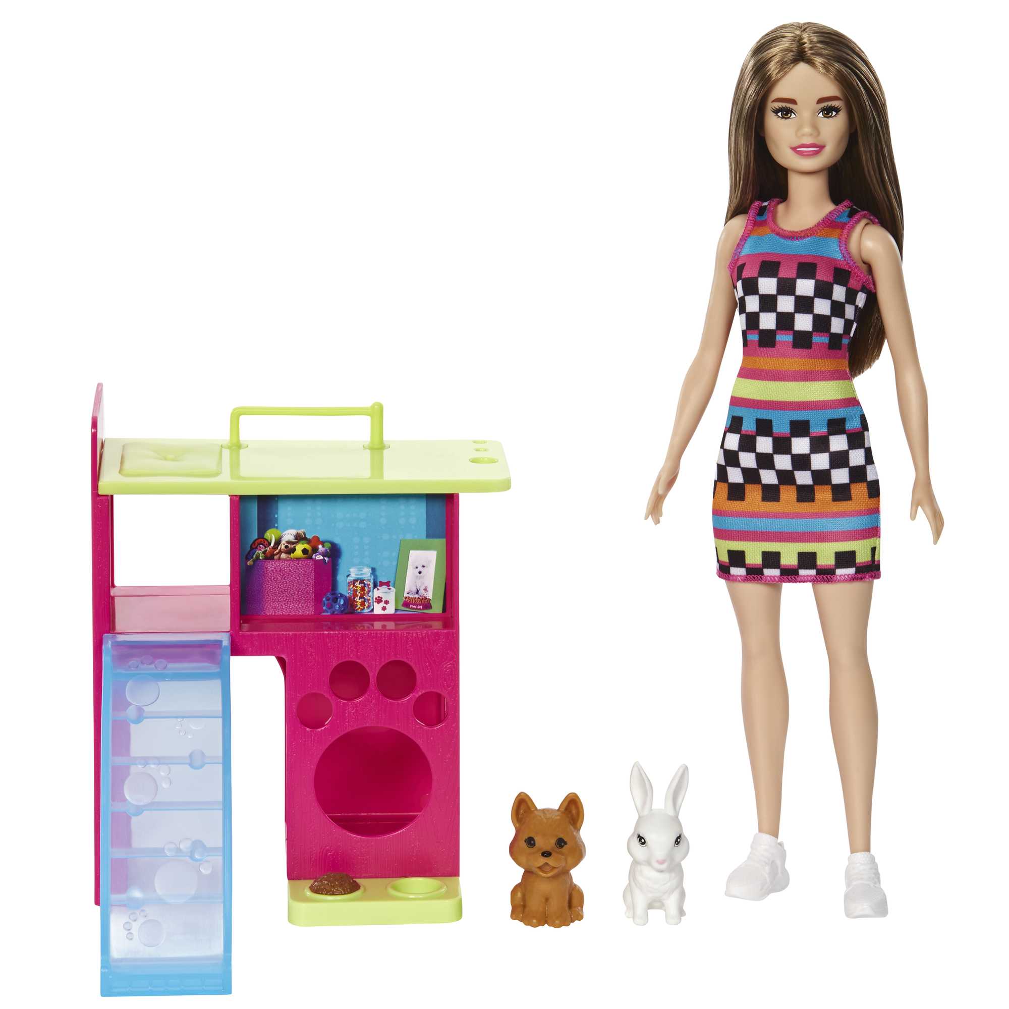 Barbie Doll and Pet Playhouse Playset for Kids Ages 3+ with Puppy & Bunny, Multi-Level Playhouse with Slide & Hideouts – HGM62