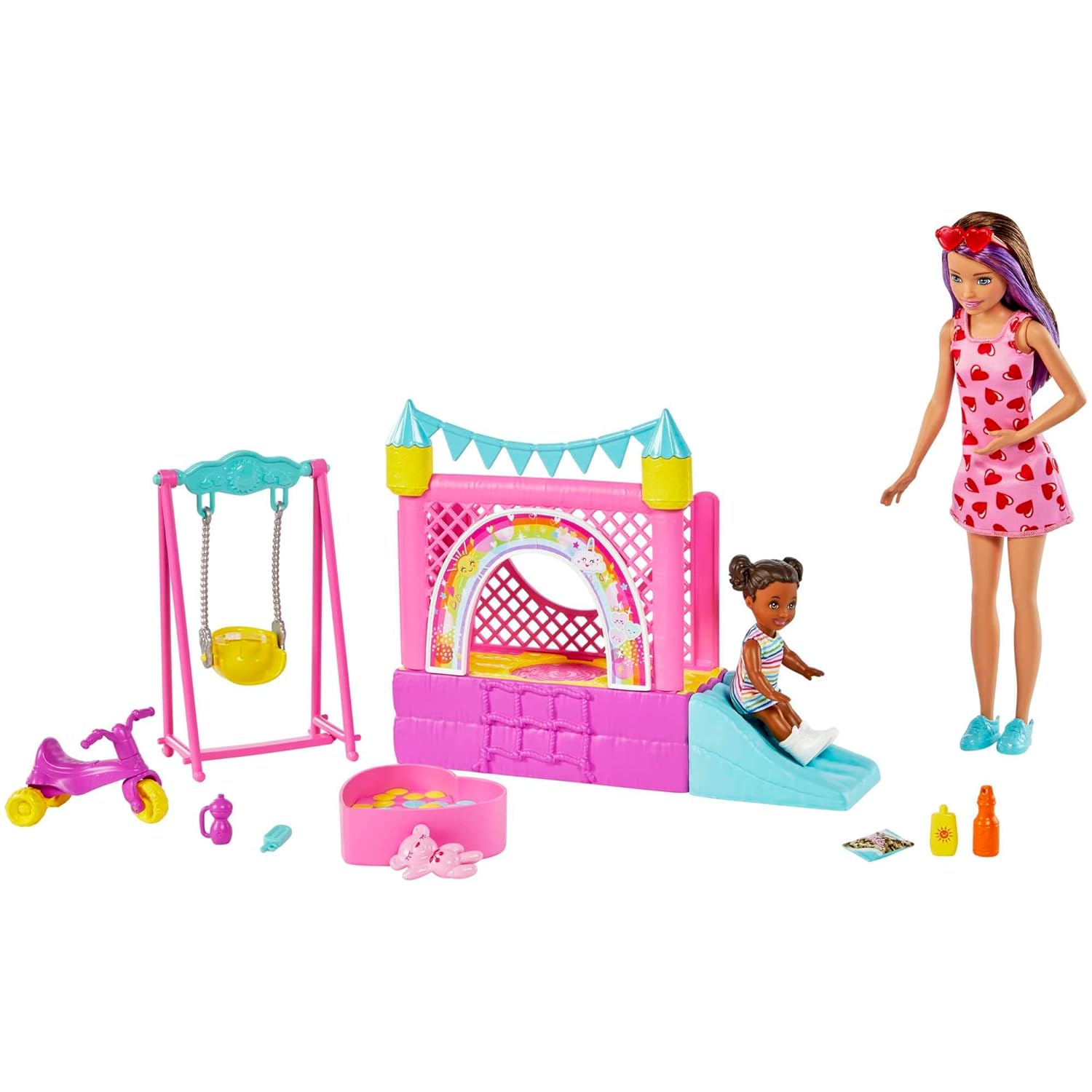 Barbie Skipper Babysitters INC Playset with Bounce House, Swing & Tricycle – Fun Playground Adventure for Kids 3+ Years