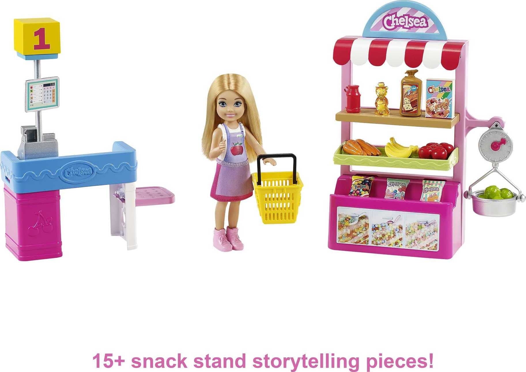 Barbie Chelsea Can Be…™ Snack Stand Playset with Blonde Small Doll, Checkout Counter, Weighing Scale & 15+ Grocery-Themed Accessories for Imaginative Shopping Fun