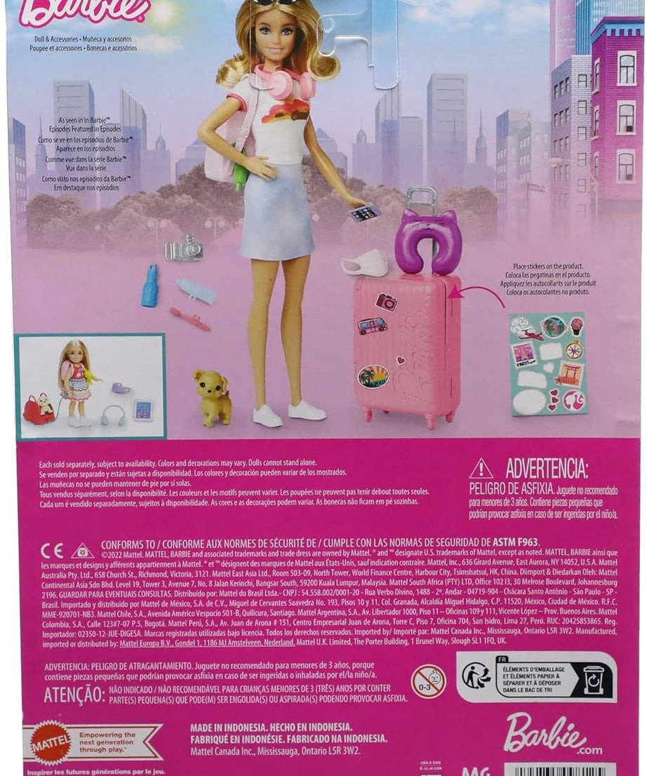 Barbie Doll and Accessories, ‘Malibu’ Travel Set with Puppy, 10+ Pieces, Working Suitcase, Blonde Hair, HJY18