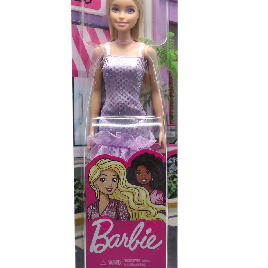 Barbie Blonde Hair Doll in Lavender Metallic Mini Dress with High Heels & Accessories – Fashion Play Doll for Kids 3+ Years | HJR93