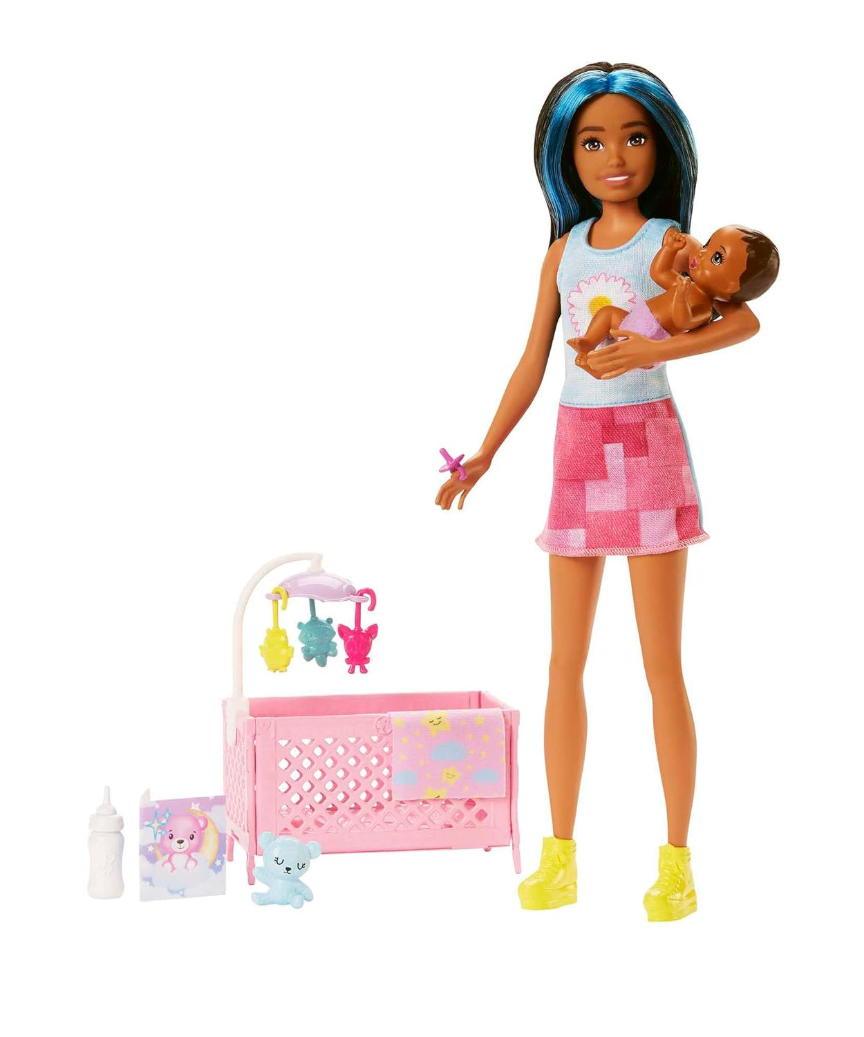 Barbie Skipper Babysitters Crib Playset With Latina Friend Doll, Baby Doll with Sleepy Eyes, Furniture and Themed Accessories For Kids Ages 3 Years & Up