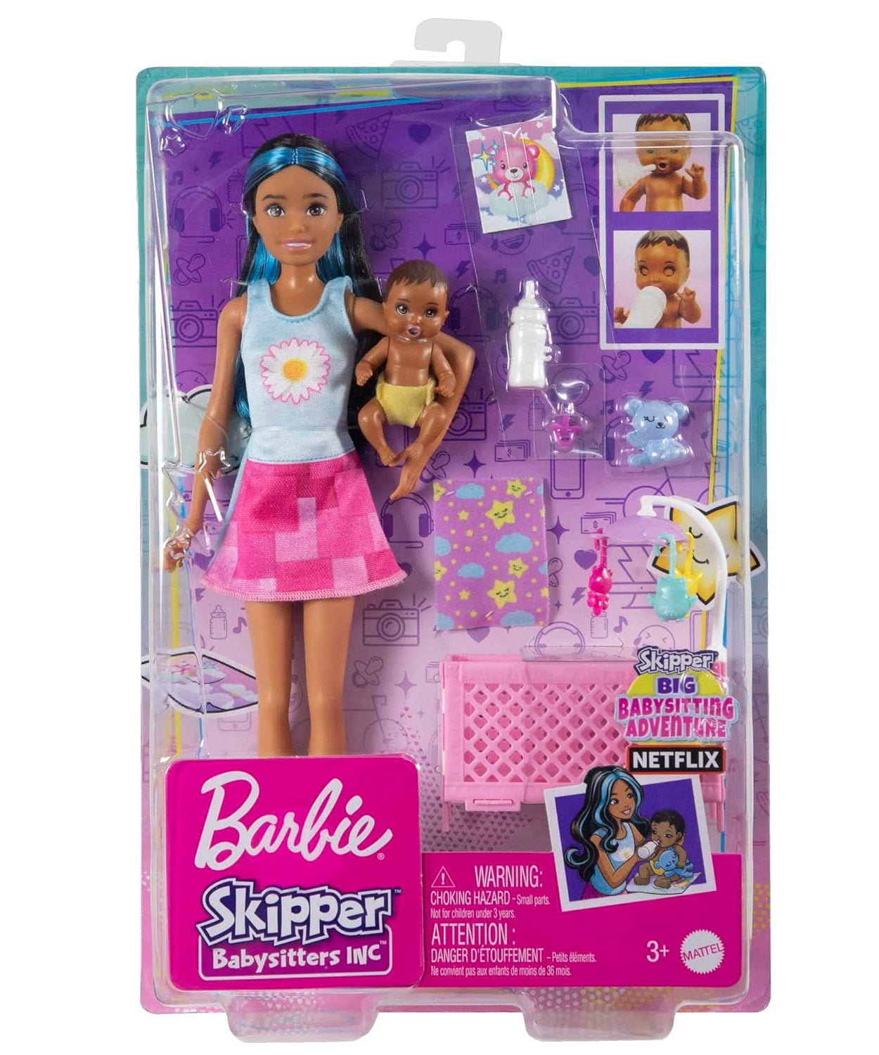 Barbie Skipper Babysitters Crib Playset With Latina Friend Doll, Baby Doll with Sleepy Eyes, Furniture and Themed Accessories For Kids Ages 3 Years & Up