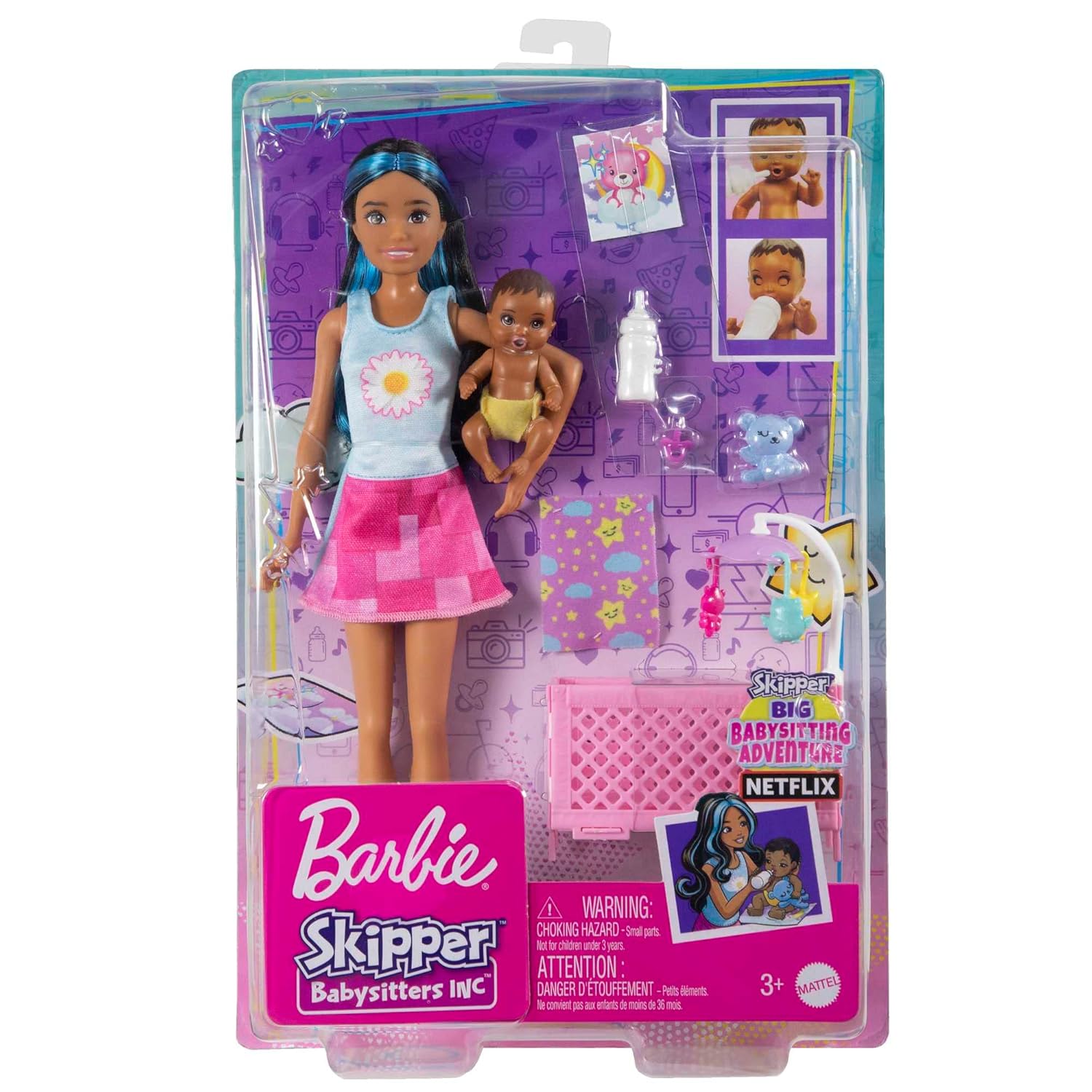 Barbie Skipper Babysitters Crib Playset With Latina Friend Doll, Baby Doll with Sleepy Eyes, Furniture and Themed Accessories For Kids Ages 3 Years & Up