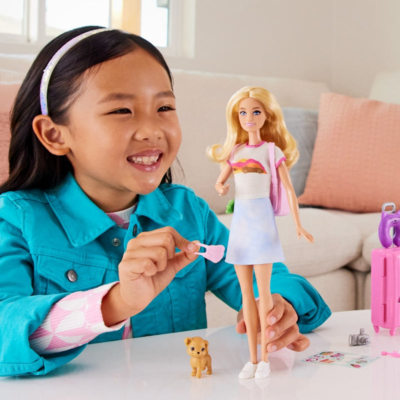 Barbie Doll and Accessories, ‘Malibu’ Travel Set with Puppy, 10+ Pieces, Working Suitcase, Blonde Hair, HJY18