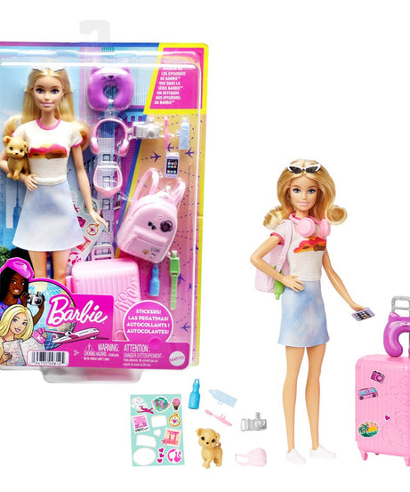 Barbie Doll and Accessories, ‘Malibu’ Travel Set with Puppy, 10+ Pieces, Working Suitcase, Blonde Hair, HJY18