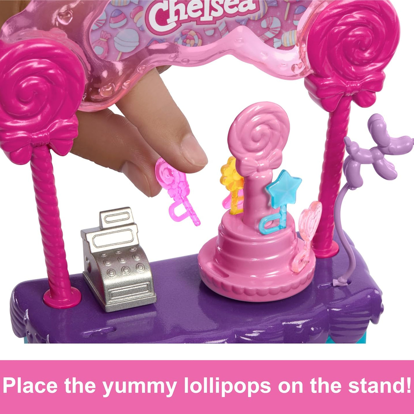 Barbie Chelsea Doll & Lollipop Stand Playset with Spinning Candy Display, Lollipops, Teddy Bear, Balloons & Accessories – 10-Piece Toy Set Inspired by Barbie and Stacie to the Rescue – HRM07
