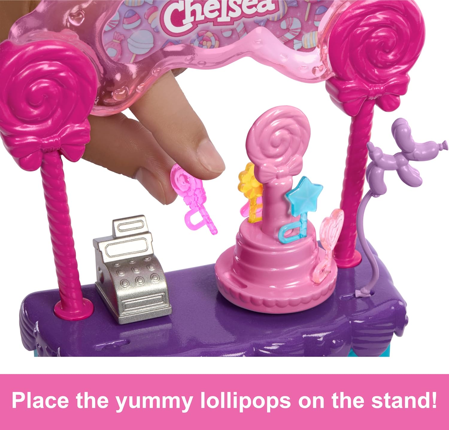 Barbie Chelsea Doll & Lollipop Stand Playset with Spinning Candy Display, Lollipops, Teddy Bear, Balloons & Accessories – 10-Piece Toy Set Inspired by Barbie and Stacie to the Rescue – HRM07