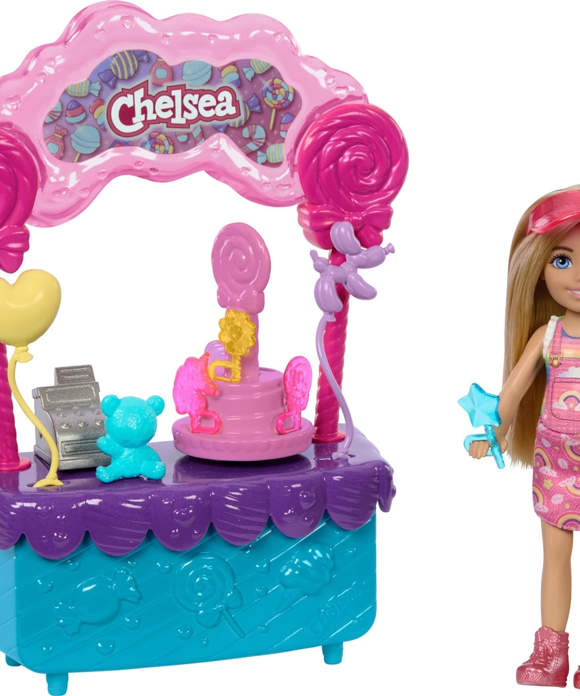 Barbie Chelsea Doll & Lollipop Stand Playset with Spinning Candy Display, Lollipops, Teddy Bear, Balloons & Accessories – 10-Piece Toy Set Inspired by Barbie and Stacie to the Rescue – HRM07