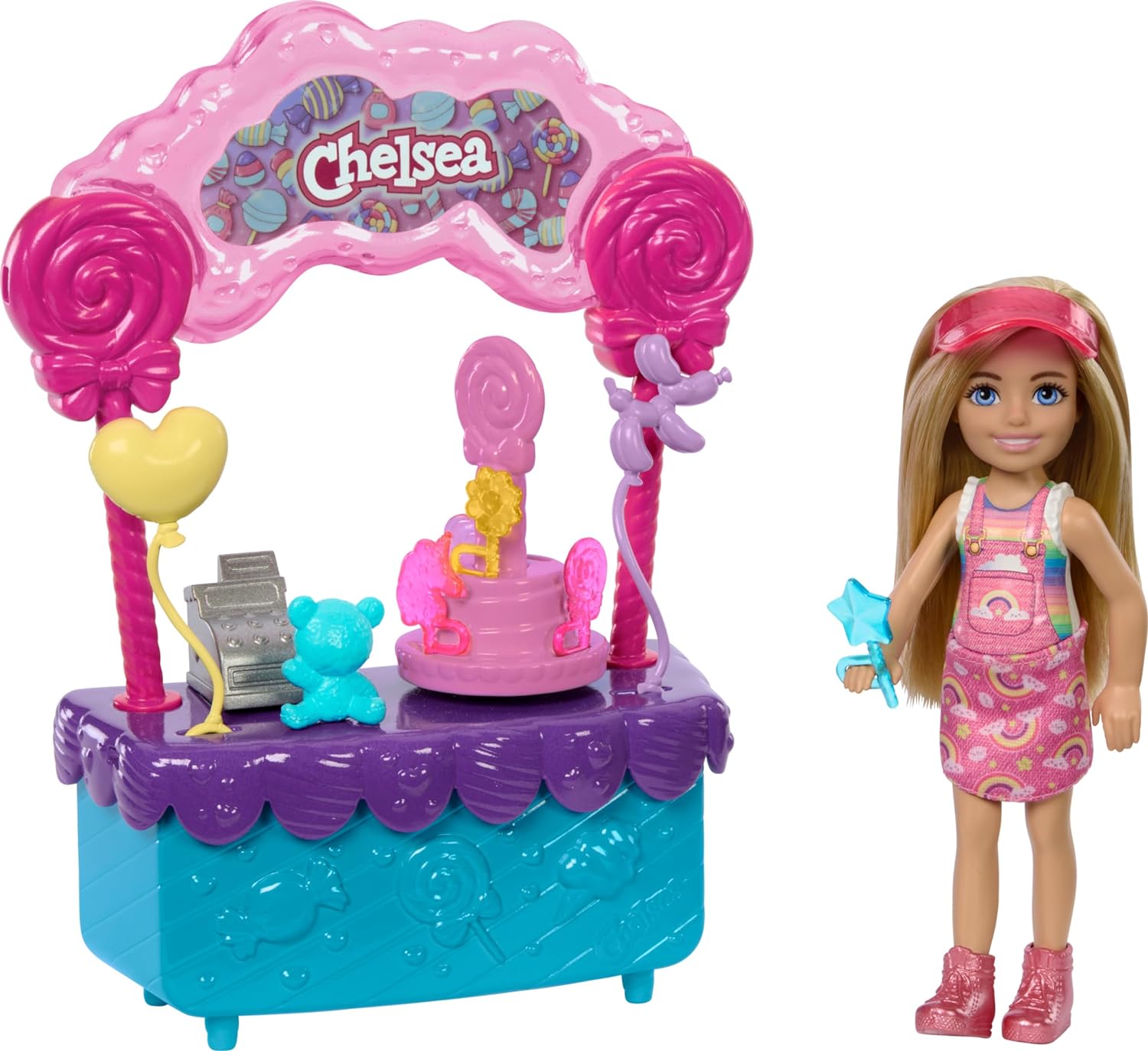 Barbie Chelsea Doll & Lollipop Stand Playset with Spinning Candy Display, Lollipops, Teddy Bear, Balloons & Accessories – 10-Piece Toy Set Inspired by Barbie and Stacie to the Rescue – HRM07