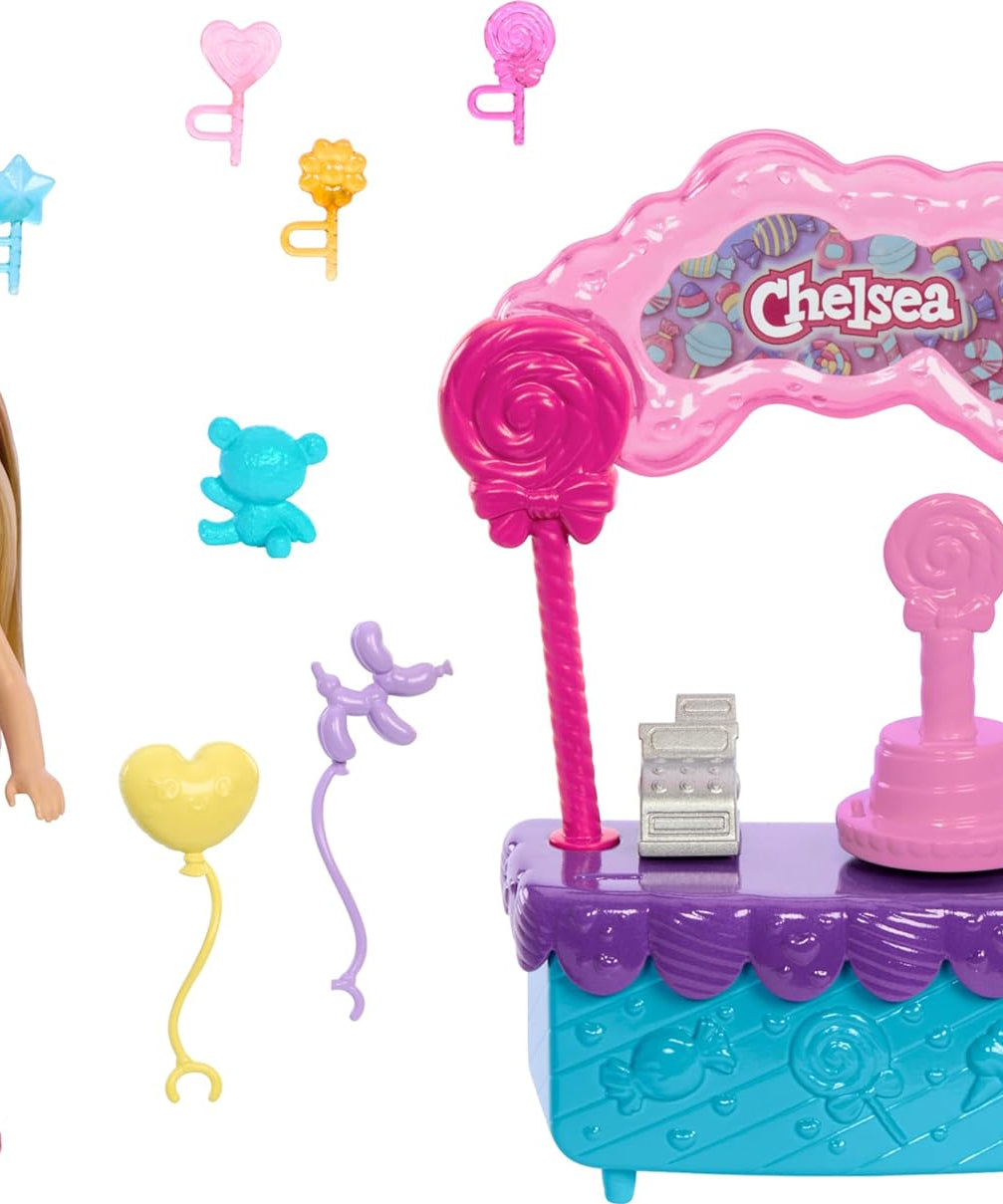 Barbie Chelsea Doll & Lollipop Stand Playset with Spinning Candy Display, Lollipops, Teddy Bear, Balloons & Accessories – 10-Piece Toy Set Inspired by Barbie and Stacie to the Rescue – HRM07