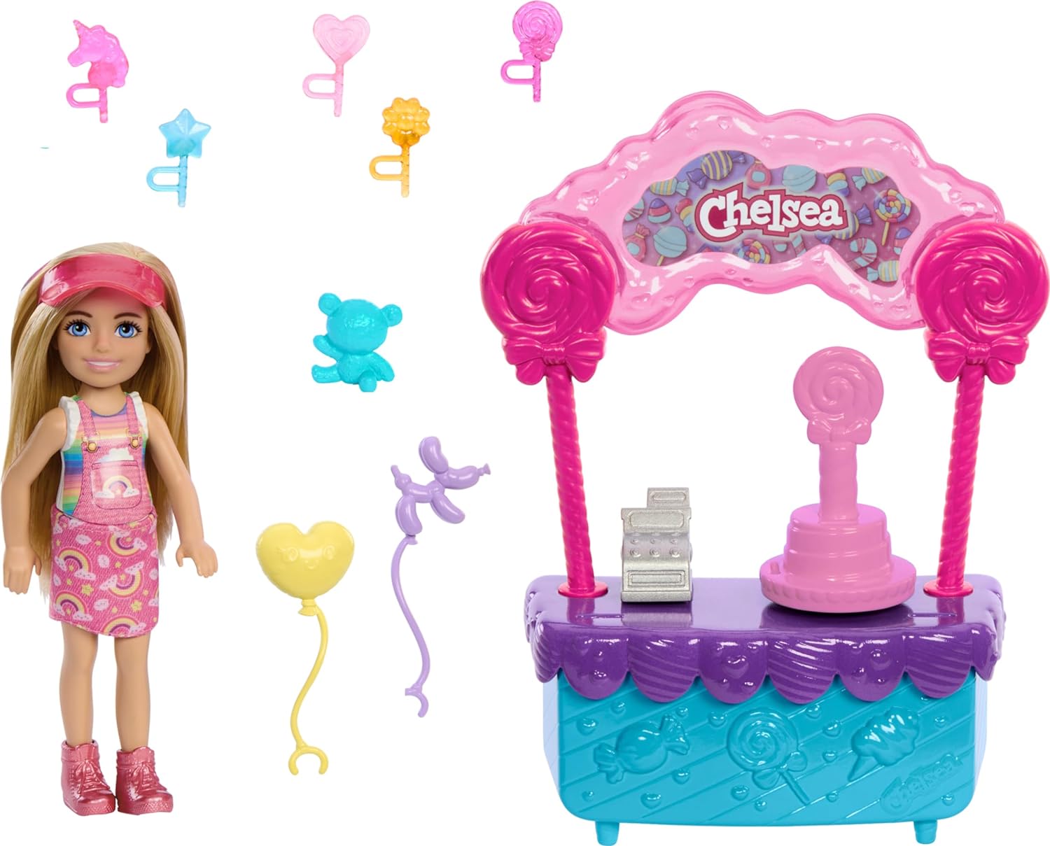Barbie Chelsea Doll & Lollipop Stand Playset with Spinning Candy Display, Lollipops, Teddy Bear, Balloons & Accessories – 10-Piece Toy Set Inspired by Barbie and Stacie to the Rescue – HRM07