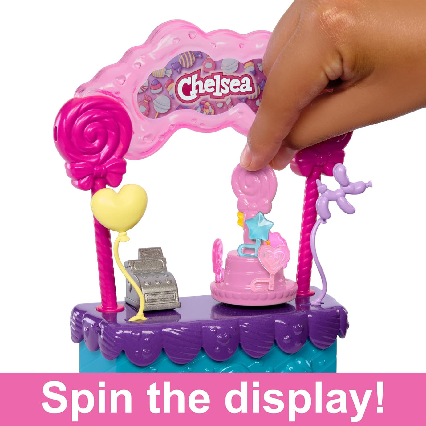 Barbie Chelsea Doll & Lollipop Stand Playset with Spinning Candy Display, Lollipops, Teddy Bear, Balloons & Accessories – 10-Piece Toy Set Inspired by Barbie and Stacie to the Rescue – HRM07