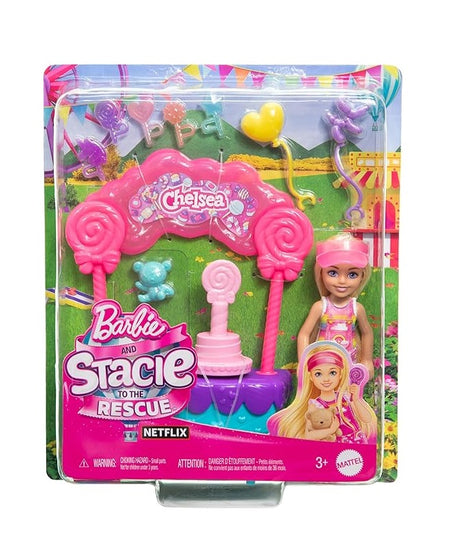 Barbie Chelsea Doll & Lollipop Stand Playset with Spinning Candy Display, Lollipops, Teddy Bear, Balloons & Accessories – 10-Piece Toy Set Inspired by Barbie and Stacie to the Rescue – HRM07