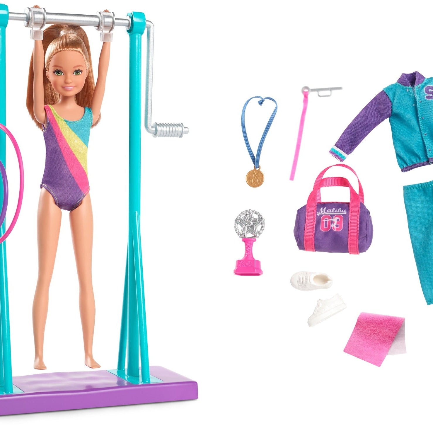Barbie Team Stacie Gymnastics Doll & Playset – Spinning Bar, Gymnast Accessories, Medal, Trophy & Gym Bag – Perfect Sports-Themed Toy for Kids Ages 3+ | GBK59