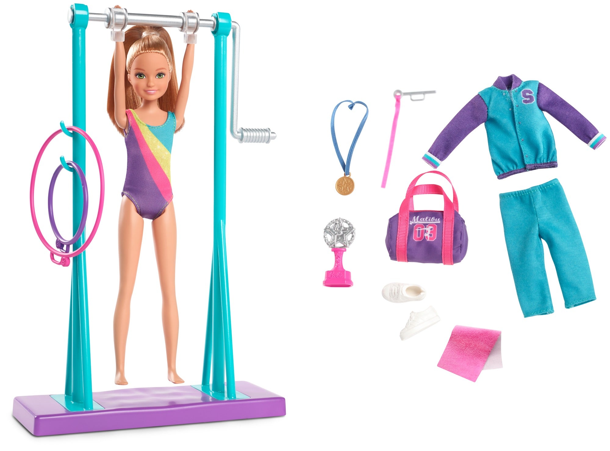 Barbie Team Stacie Gymnastics Doll & Playset – Spinning Bar, Gymnast Accessories, Medal, Trophy & Gym Bag – Perfect Sports-Themed Toy for Kids Ages 3+ | GBK59