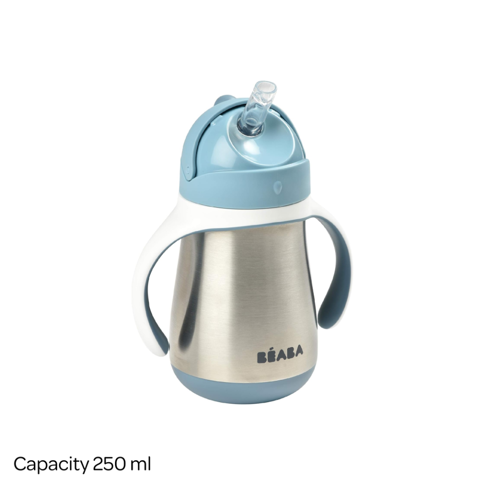 Beaba Stainless Steel Straw Cup with Bottle Brush | 250ml | Premium 316 Inox Stainless Steel | Leak-Proof & Easy to Use