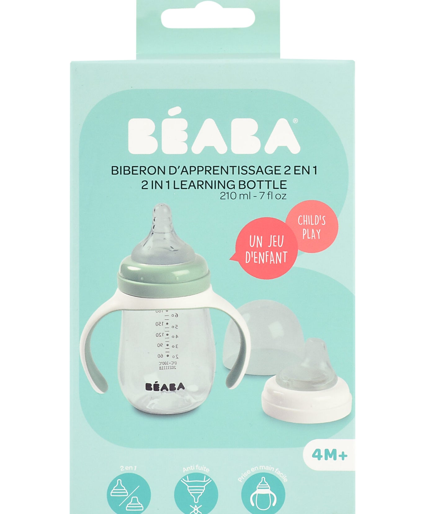 Beaba 2-in-1 Learning Bottle 210ml - Transition Bottle with Soft Spout and Handles for Babies | Leak-Proof and BPA-Free Training Bottle