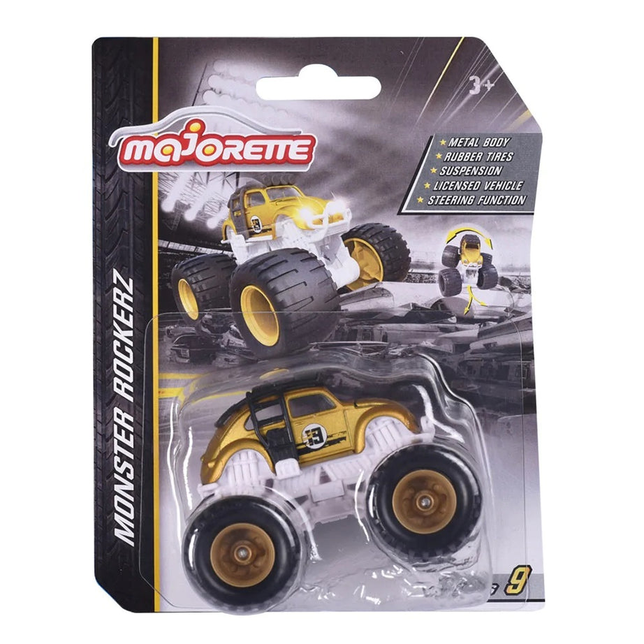 Majorette Monster Rockerz Series 9 – Ford Bronco Wildtrak, Toyota FJ Cruiser & Volkswagen Beetle Monster Trucks | Die-Cast Metal Body | 1:64 Scale Off-Road Vehicles with Suspension & Steering Function | Officially Licensed | Randomly Given Any 1 only