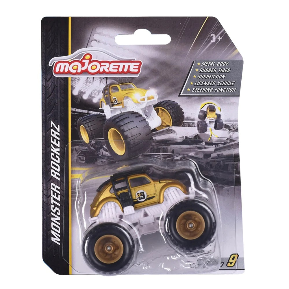 Majorette Monster Rockerz Series 9 – Ford Bronco Wildtrak, Toyota FJ Cruiser & Volkswagen Beetle Monster Trucks | Die-Cast Metal Body | 1:64 Scale Off-Road Vehicles with Suspension & Steering Function | Officially Licensed | Randomly Given Any 1 only