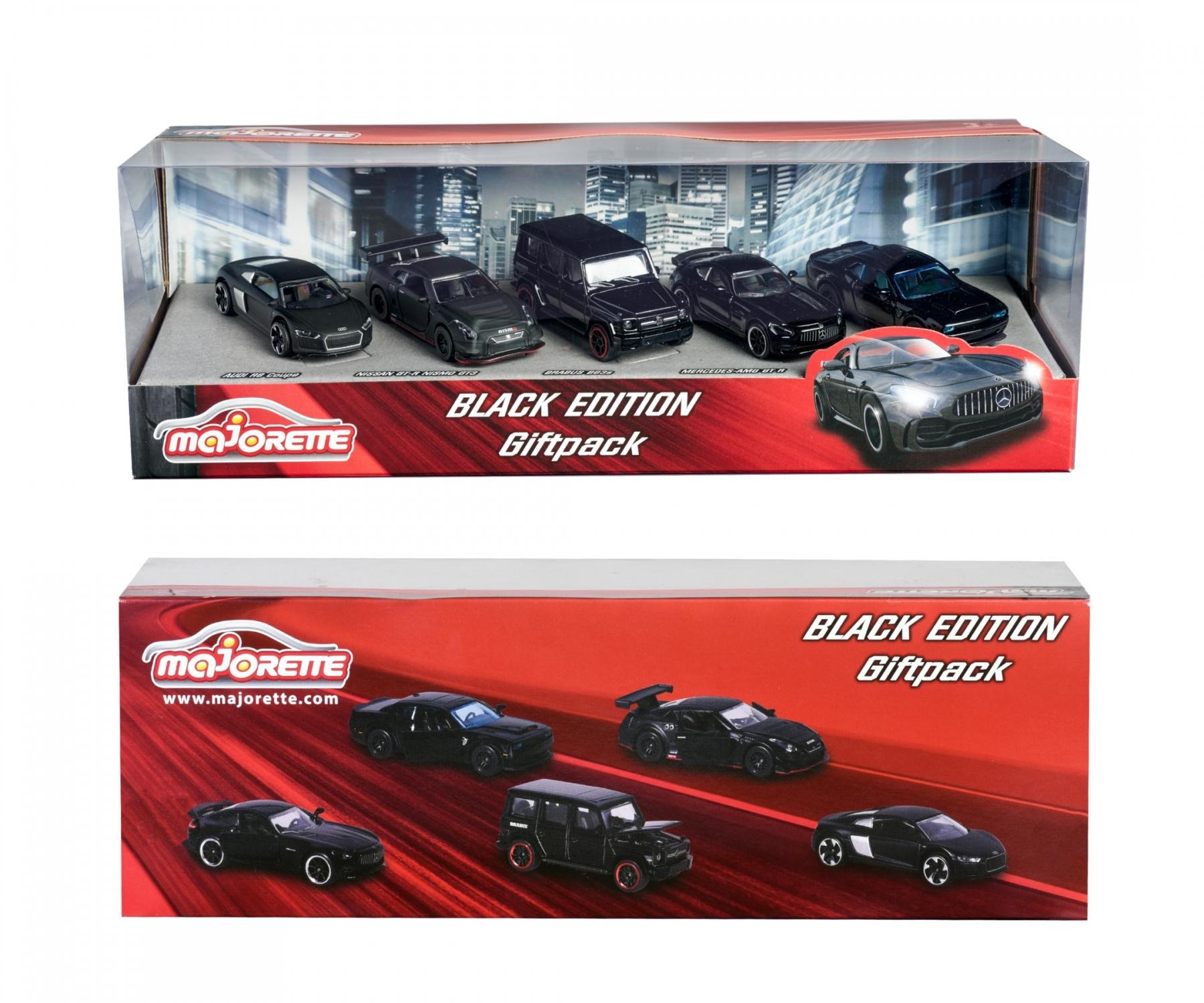 Majorette Black Edition 5 Pieces Giftpack – 1:64 Scale Die-Cast Cars | Premium Black-Themed Collection | Includes Mercedes-AMG GT R, Dodge Challenger SRT Demon, Nissan GT-R Nismo GT3, Brabus B63s, and Audi R8 Coupé – 7.5 cm Metal Toy Cars