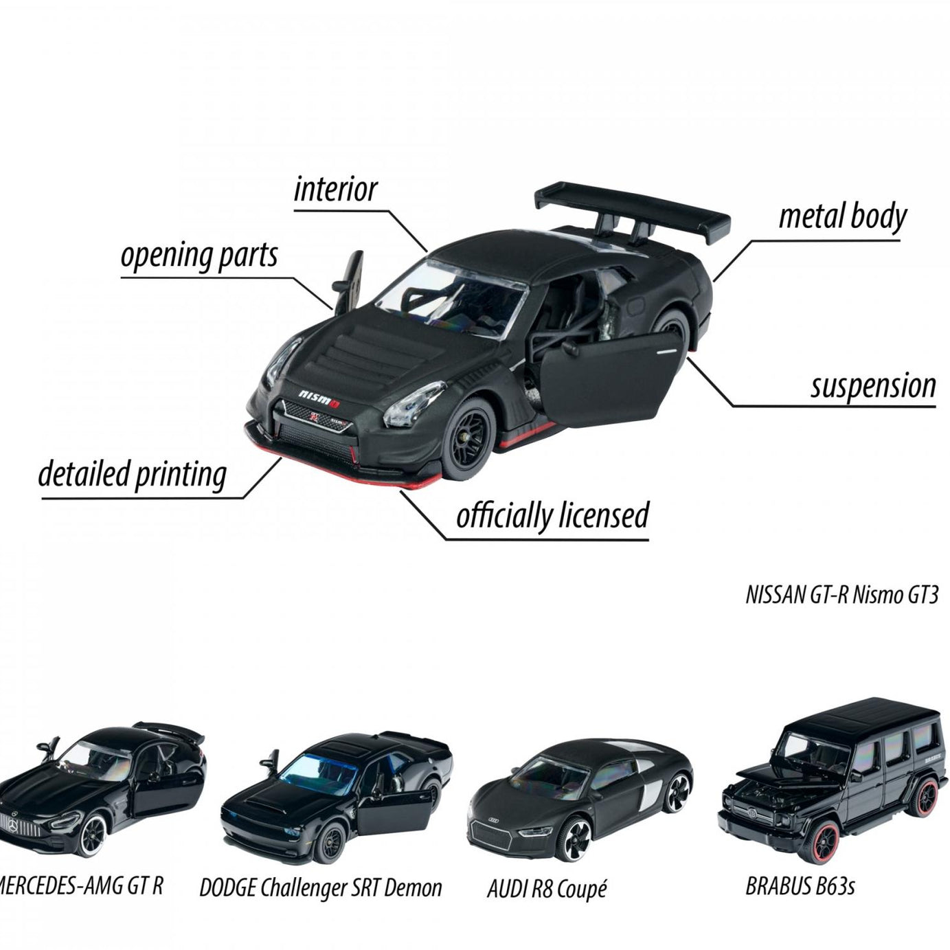 Majorette Black Edition 5 Pieces Giftpack – 1:64 Scale Die-Cast Cars | Premium Black-Themed Collection | Includes Mercedes-AMG GT R, Dodge Challenger SRT Demon, Nissan GT-R Nismo GT3, Brabus B63s, and Audi R8 Coupé – 7.5 cm Metal Toy Cars