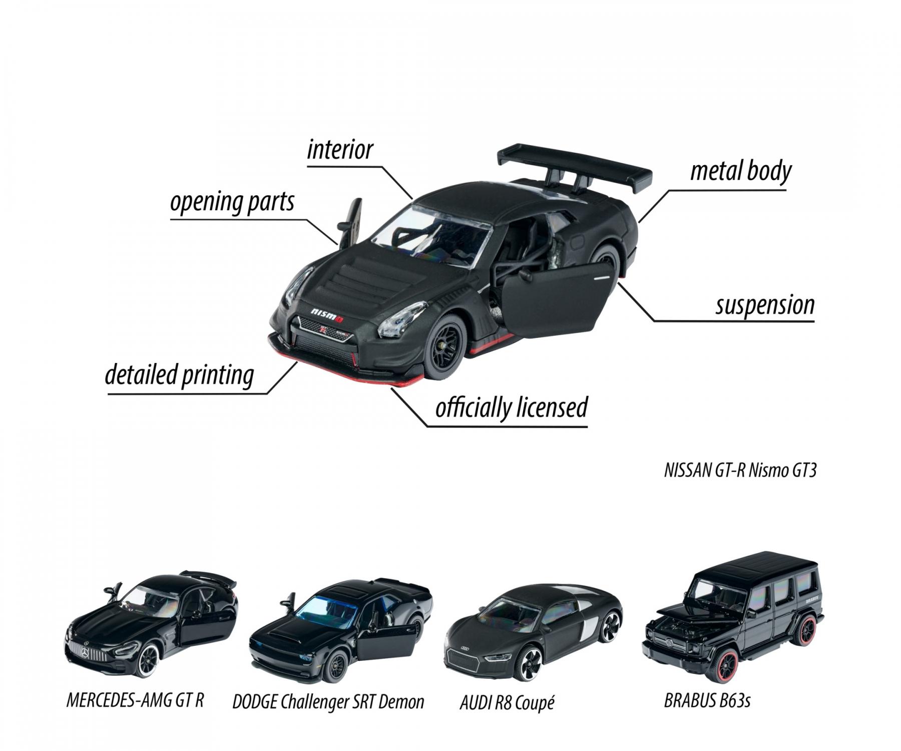 Majorette Black Edition 5 Pieces Giftpack – 1:64 Scale Die-Cast Cars | Premium Black-Themed Collection | Includes Mercedes-AMG GT R, Dodge Challenger SRT Demon, Nissan GT-R Nismo GT3, Brabus B63s, and Audi R8 Coupé – 7.5 cm Metal Toy Cars