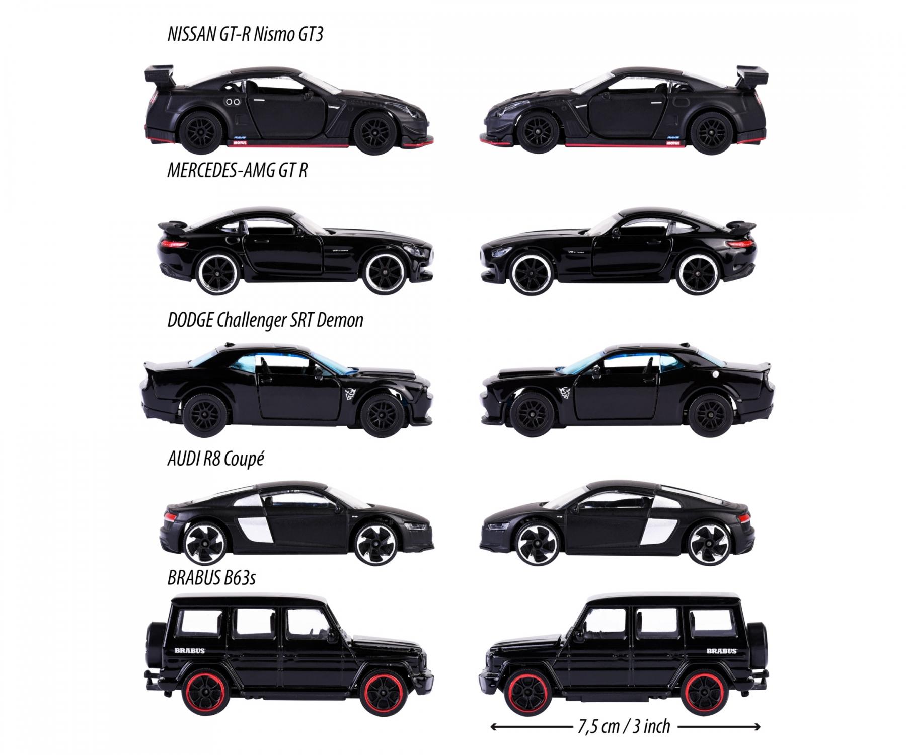 Majorette Black Edition 5 Pieces Giftpack – 1:64 Scale Die-Cast Cars | Premium Black-Themed Collection | Includes Mercedes-AMG GT R, Dodge Challenger SRT Demon, Nissan GT-R Nismo GT3, Brabus B63s, and Audi R8 Coupé – 7.5 cm Metal Toy Cars