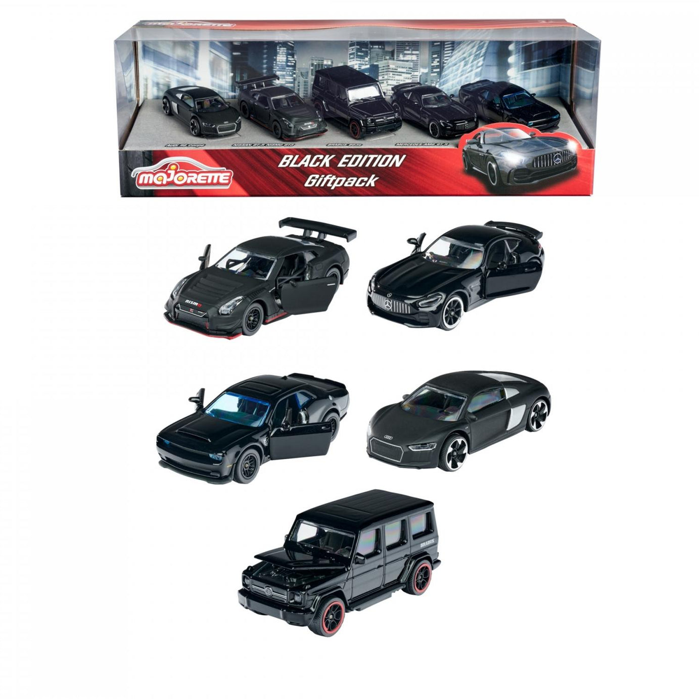 Majorette Black Edition 5 Pieces Giftpack – 1:64 Scale Die-Cast Cars | Premium Black-Themed Collection | Includes Mercedes-AMG GT R, Dodge Challenger SRT Demon, Nissan GT-R Nismo GT3, Brabus B63s, and Audi R8 Coupé – 7.5 cm Metal Toy Cars