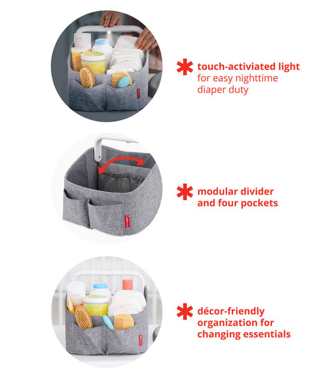 Skip Hop Light-Up Diaper Caddy with Touch-Sensitive LED Handle, Modular Divider & Storage Pockets – Portable Baby Organizer for Diapers, Wipes & Nursery Essentials | Oat Color