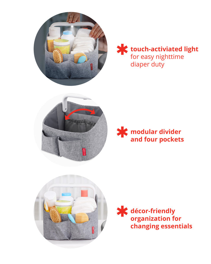 Skip Hop Light-Up Diaper Caddy with Touch-Sensitive LED Handle, Modular Divider & Storage Pockets – Portable Baby Organizer for Diapers, Wipes & Nursery Essentials | Oat Color
